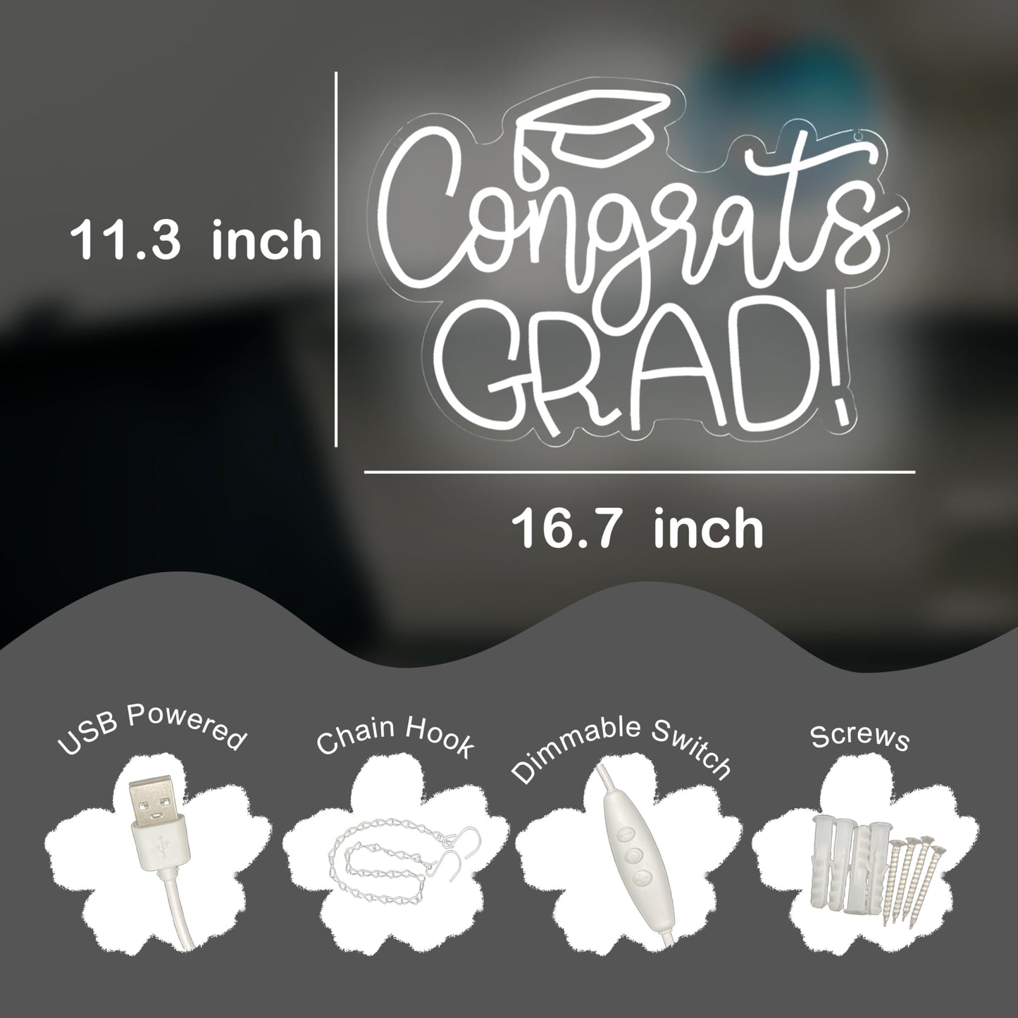 Congrats Grad Neon Sign - 11.3 * 16.7 Inch White Adjustable LED Graduation Decorations for Class of 2025 Party Room Dorm Backdrop Celebration Gifts Graduation Gift