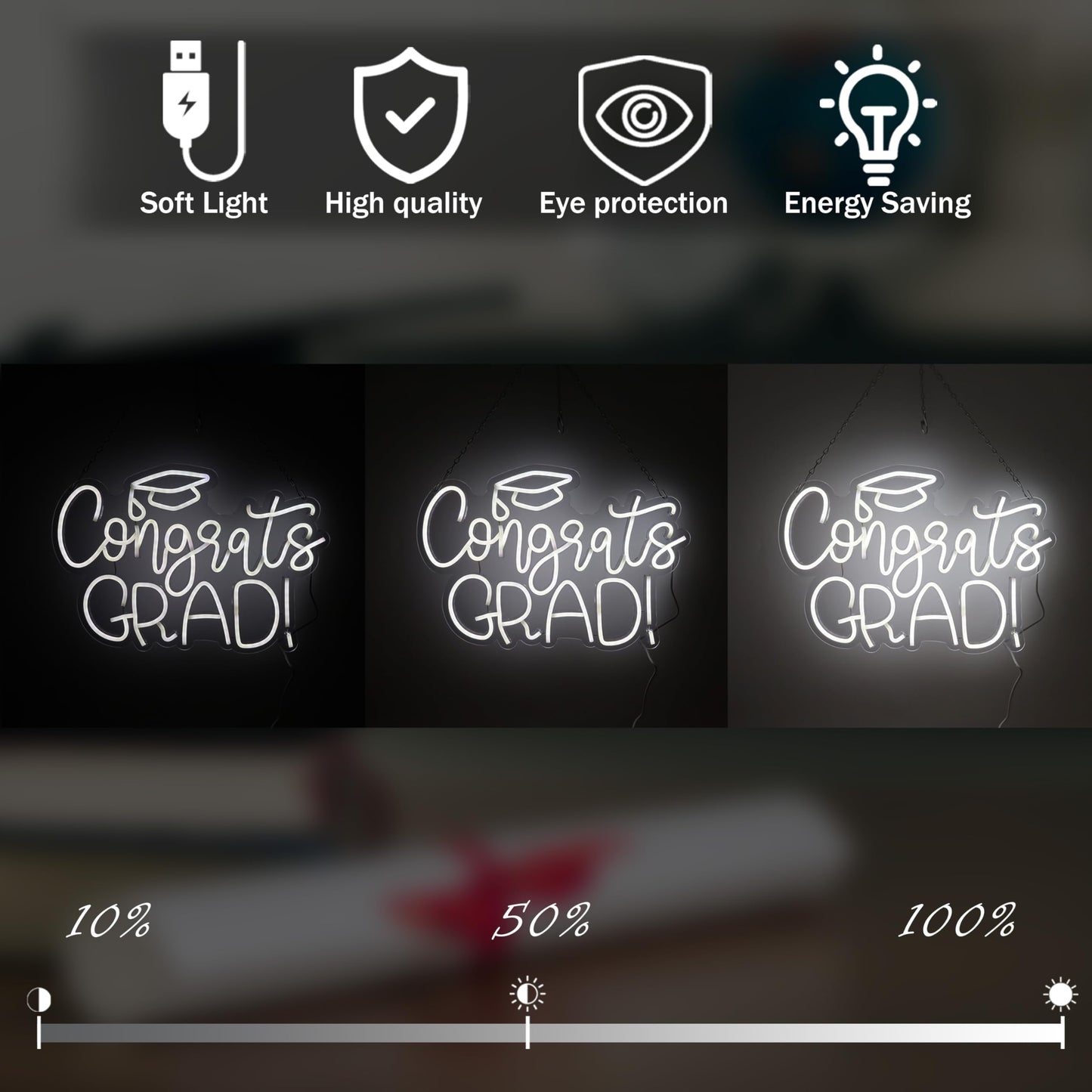 Congrats Grad Neon Sign - 11.3 * 16.7 Inch White Adjustable LED Graduation Decorations for Class of 2025 Party Room Dorm Backdrop Celebration Gifts Graduation Gift