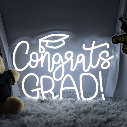 Congrats Grad Neon Sign - 11.3 * 16.7 Inch White Adjustable LED Graduation Decorations for Class of 2025 Party Room Dorm Backdrop Celebration Gifts Graduation Gift